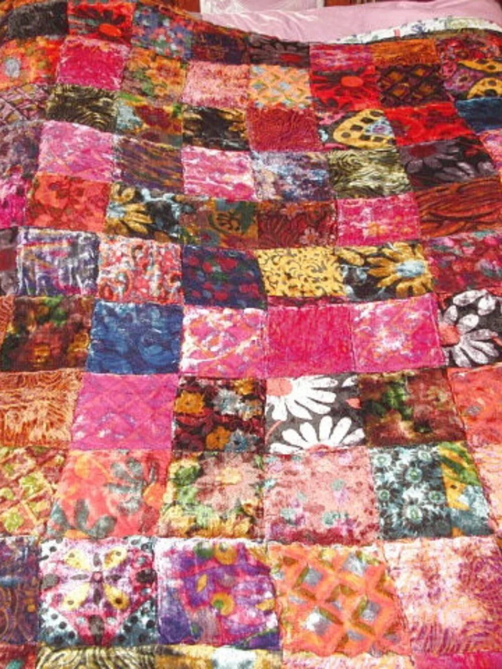 Vtg 70s Velvet Patchwork Quilt King / Cal. King Handmade Groovy Psychedelic Boho